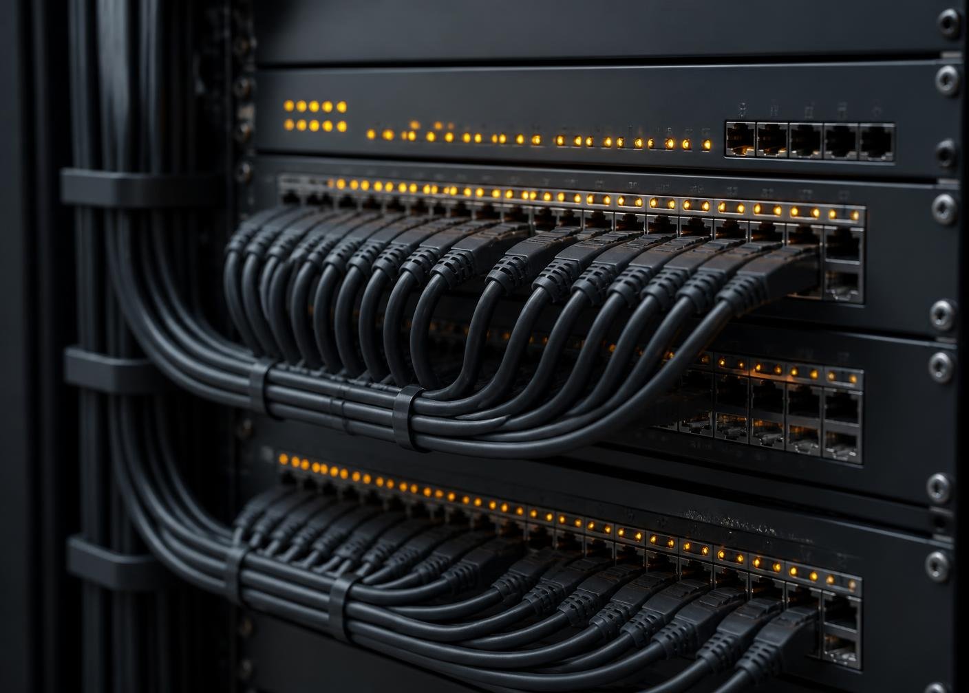 Enterprise server rack with structured cabling in a climate controlled room